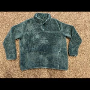 Eddie Bauer fuzzy fleece turquoise button top pullover, women’s size Large